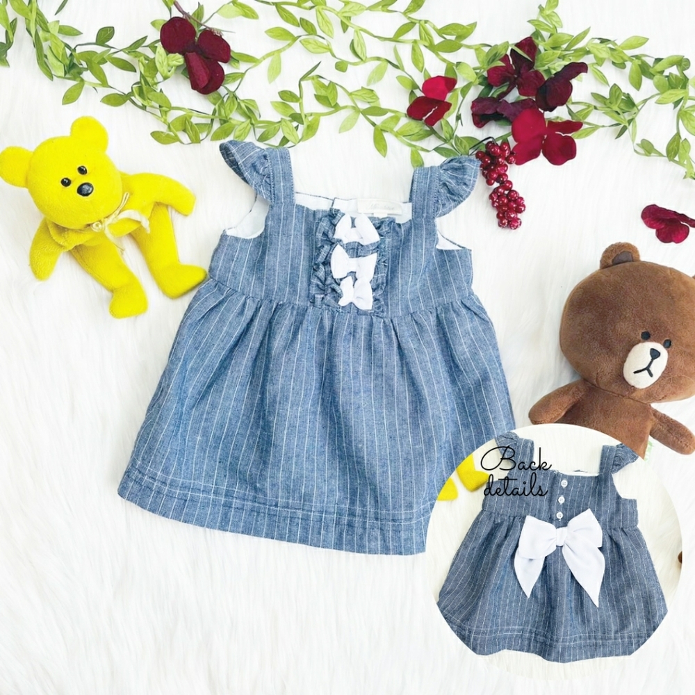MINICLASIX Baby Girl Ribbon Denim Dress 9M